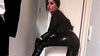 Brunette with foot fetish rubs big dick with her feet in POV
