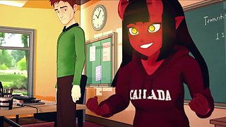 3d animated cartoon of a sexy devil girl fucking with threed nerdy dicks