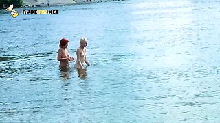 Skinny and young nudist ladies fool around on the beach