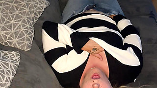 Bonie and Clyde masturbation blonde solo sexy horny wet trembling twitch moaning multiple orgasms couch jeans satisfyer