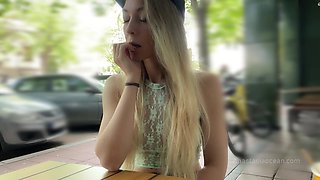 Anastasia has no panties under skirt while she's in public cafe!