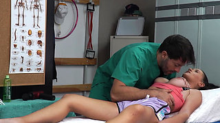 Gorgeous busty brunette latina oiled after massage is fucked by the horny masseur
