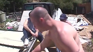 Sexy blonde double penetrated anal orgy in the garden