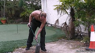 Chubby blonde seduces garden worker with her big tits & ass