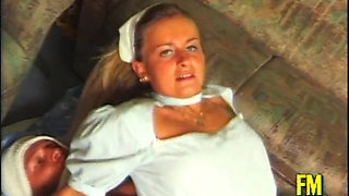 Dirty nurse in white stockings ass fucked by two bandaged patients