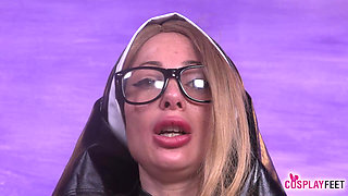 Blonde Bombshell Ania as a Sexy Nun in Black Stockings