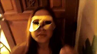 Masked amateur wife takes on two big cocks at the gloryhole