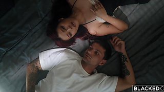 Asian beauty Rae Lil Black jumps on Jason Luv's big black cock outdoors