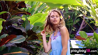 Nude blond hair girl enjoying the pool outdoor