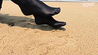 863 Shiny Black Stockings on the Beach