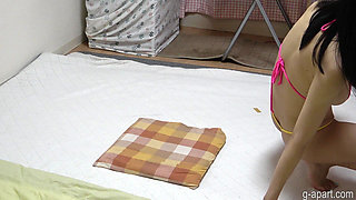 Girls Only Apartment in Japan, a Room Where Nice Body and Big Tits Girl Seduces While Do Fitness Training in Micro Thong Bikini