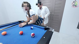 Thai Girl Climbing Pool Table... And get hard! Thai Voice