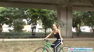 Busty fit teen slut cycles around town