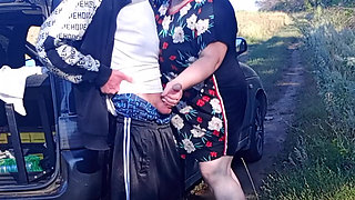 Stepmom holds my dick while I pee and then sucks it in public