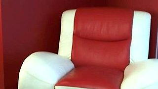 Busty curly brunette with big boobs fucks on couch