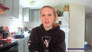 Hot blonde neighbor girl is streaming in the kitchen