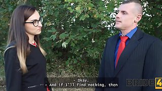 Beautiful and slutty bride wearing a wedding gown has threesome with an impudent couple