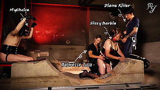 Pt1 Slave Training in a Basement & Double Domination: Sissy Fucked, Slave Whipped - Mistress Julia & Diane K