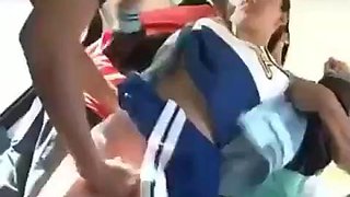Asian guys fuck white cheerleader on bus