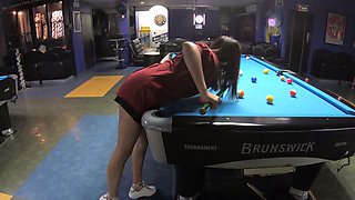 Big booty Thai GF plays pool and blowjob