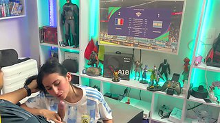 Curvy latina girl loses a bet after a football match POV