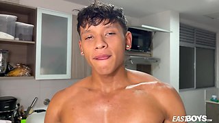 Stripping twink latino boy and oiling muscles