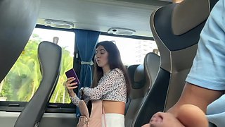 Risky public bus handjob with cum on russian babe's hand