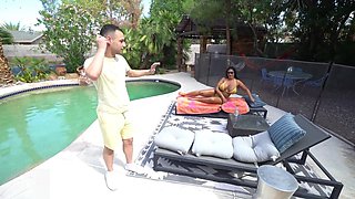 Slutty latina milf with big naturals gets pounded by her boyfriend near a swimming pool