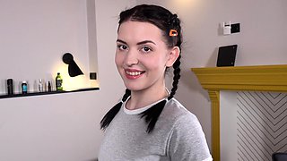 Small titted brunette teen fingering on the bed