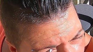 Blowjob and swallow in the sunshine on the balcony