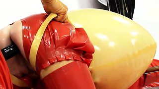 Fetish glam lesbians get bukkake after strapon action