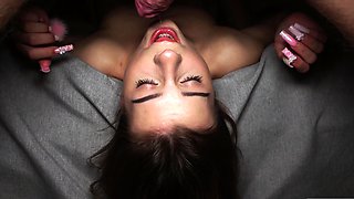 Small titted brunette teen fingering on the bed
