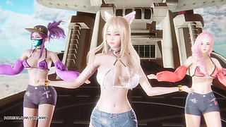 MMD Unis - Curious Ahri Akali Seraphine Hot Kpop Dance League of Legends Uncensored Hentai