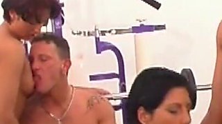 Beautiful Threesome Sex in the Gym with Two Beautiful Sluts Eager to Suck and Ride a Big Hard Cock