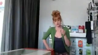 Redhead milf deepthroats  behind counter of Shop