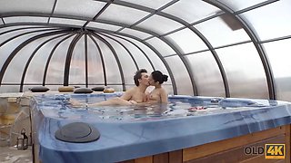 Old4k. older guy tenderly nails beautiful dark haired after relax in the jacuzzi