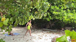 Pervert Watcher Jerks off Busty MILF and Her Stepdaughter and Cums on Their Faces While They Sunbathe