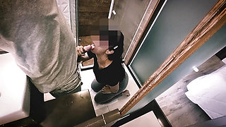 Naughty wife grabs gym staff in the bathroom and walks out with a messy face