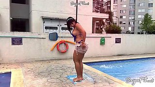 SayaFit seduces neighbor in a beautiful bikini and her big Latina ass by the pool - anal