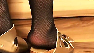 Dangling in Fishnet Stockings - Golden Double Strap Slides