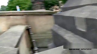 Extreme public amateur blowjob on a bridge by a gorgeous brunette in Germany