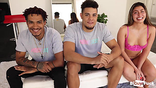 PAWG teen Enola's cheeks clapped by two bbc bi-guys!