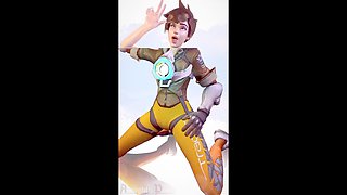 Nude Tracer from Resident Evil rides a powerful vibrator while her huge tits jiggle