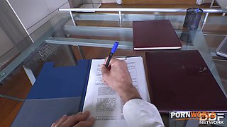 Sexy secretary Frida Sante kneels down to suck your big hard cock in POV