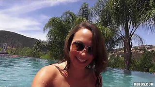 Fantastic natural dark haired Lily Love skinny-dips in the pool before sex