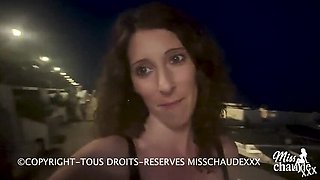 French amateur slut Misschaudexxx gets public outdoor blowjob bar bukkake with big natural tits and deep throat