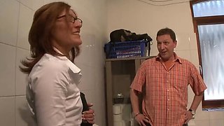 German amateur with glasses takes hard cock in bathroom