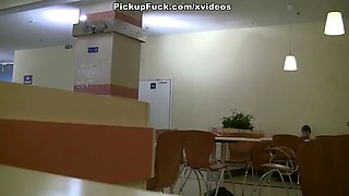 Horny girl shows everything and does blowjob for two guys