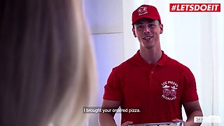 White German Secretary orders pizza, but she orders it from a guy who's too hung for her tastes