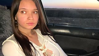 Busty babe sucked my dick in a car showing her big tits